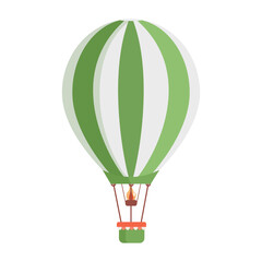 Hot air balloon with white and green stripes vector flat illustration isolated on white background. Air transport for travel, summer journey, perfect weekend, and seasonal recreation concept.