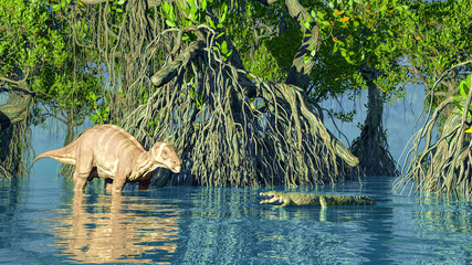A green iguanadon dinosaur glade 3d rendering © satori