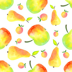 Exotic fruits illustration. Watercolor red yellow pear and apples seamless pattern isolated on white background. Fruits background for fabric, wrapping, wallpaper design.