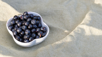 Fresh wild swedish blue berries, healthy food, linen background. Photography from above. Backdrop, banner, with copy space and place for text.
