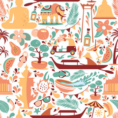Asia Culture set of bruight icons in seamless pattern - Bangkok Thailand Vector Illustration on white background.