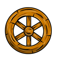 Obraz premium Old wooden cart wheels. A village vehicle in the wild West. Hand drawn cartoon illustration. Brown Detail of wagon with cracks