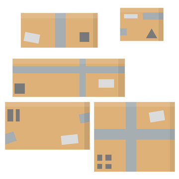 Set of parcels in cardboard boxes. Square carton. Cartoon flat illustration. Warehouse and mail item. Delivery of cargo. Packed goods. Pile of brown objects