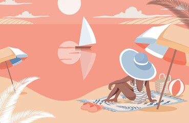 Woman in swimming suit and hat meeting sunset on the beach vector flat illustration. Woman sitting on sand and looking at the sea. Summer vacation, enjoy holidays at sea resort.