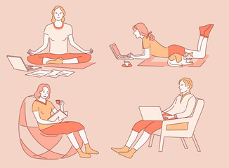 Work and relax at home vector cartoon outline illustration. Happy people in comfortable clothes working remotely, meditating, reading books. Keep work and life balance, spend time at home concept.