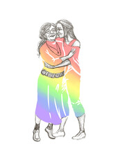 Lesbian couple standing and hugging, hand drawn sketch with digitally added rainbow colours. LGBTQ+ concept.