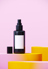 Minimal abstract mockup background for product presentation. Cosmetic bottle with blending vibrant gradient podium on pink background. Clipping path of each element included. 3d render illustration.