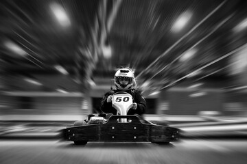 The man is in the go-kart on the karting track - 366148776