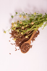 Composition with , flax seeds, and plants on white background. Organic Healthy food background.