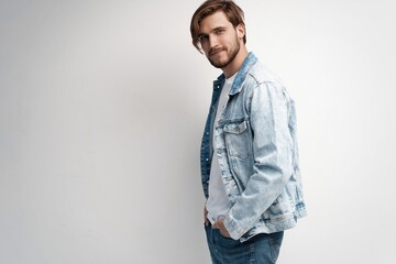 Fashion portrait of young man wearing jeans jacket