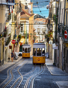 Famous Bica Funicular (Elevador da Bica or Ascensor da Bica), the third oldest of all, inaugurated in 1892, in district of Baixa-Chiado, Lisbon, Portugal.