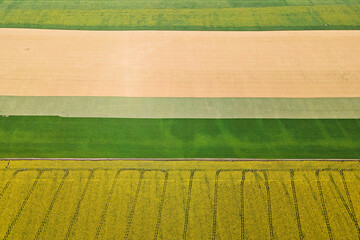 Colorful farm fields from above.