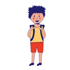 Happy caucasian schoolboy holding a book and waving his hand. Full length of smiling schoolboy making greeting gesture - waving hand. Vector sketch cartoon illustration isolated on white background.