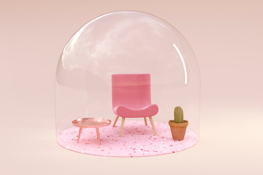 3D rendering, Miniature chair and table under bell jar