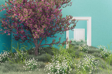 Flowering tree and meadow growing in rooms of empty house