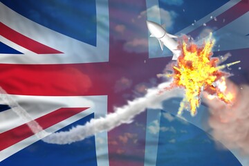 Strategic rocket destroyed in air, United Kingdom (UK) ballistic missile protection concept - missile defense military industrial 3D illustration