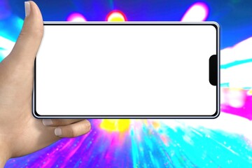 communication mock up - hand with smartphone with blank clear screen on neon city lights background, created from real photography