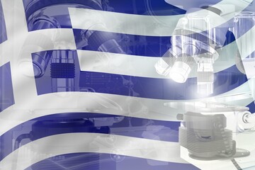 Obraz premium Microscope on Greece flag - science development conceptual background. Research in physics or pharmaceutical industry, 3D illustration of object
