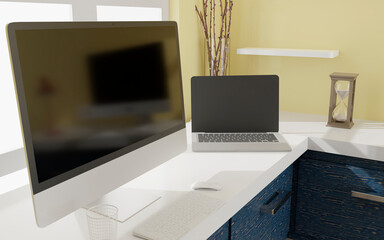 Workspace at home with a desktop computer 3d rendering mockup.Modern technology concept . 3d illustration