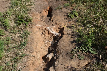 Soil erosion of road, path. Climate change, destruction of ground