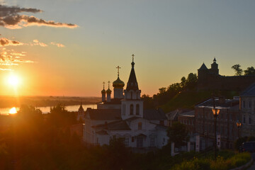 Christian church on the banks of the Volga River at dawn. Nizhny Novgorod