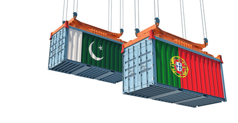 Freight containers with Pakistan and Portugal flag. 3D Rendering 