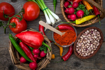 mixed fresh ripe vegetables on the kitchen table