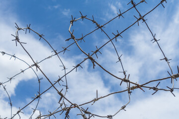 Barbed wire on the background of a blue sky with clouds. Barrier, protection, prison