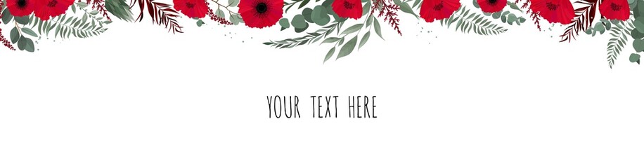 Horisontal botanical vector design banner. Eucalyptus, succulents, flowers, greenery. Natural spring card or frame.