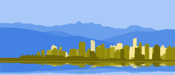 Vancouver buildings and North Shore Mountains in silhouette, with reflection in the water. Modifiable vector image.