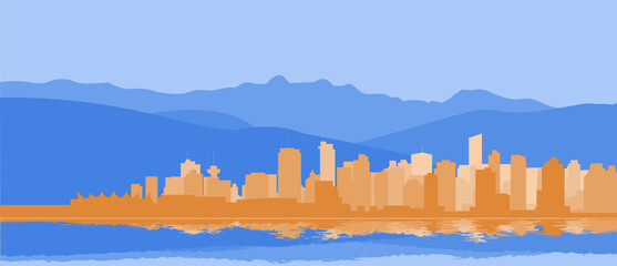 Vancouver buildings and North Shore Mountains in silhouette, with reflection in the water. Modifiable vector image.