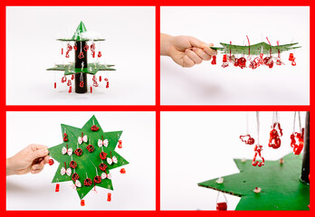 Step by step photo instruction how to make new year or christmas tree from cardboard, animal shaped pasta, cotton and toilet paper tube. Four.