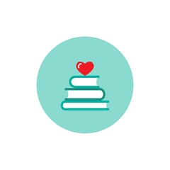 Stack of books with red heart in blue circle. Isolated on white background. bibliophile flat icon.