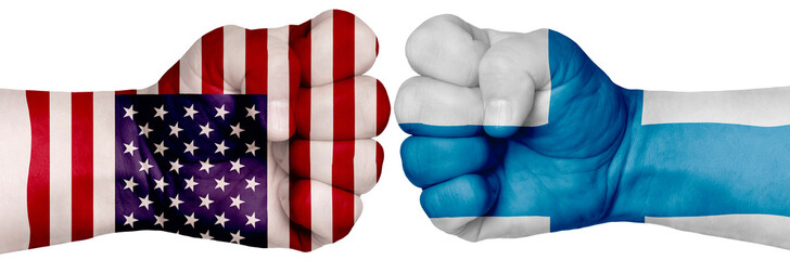 Two hands are clenched into fists and are located opposite each other. Hands painted in the colors of the flags of the countries. Finland vs USA