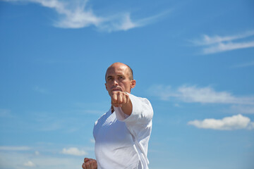 Adult athlete training hand kick against blue sky
