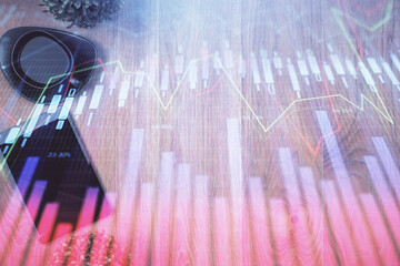 Multi exposure of financial chart hologram over desktop with phone. Top view. Mobile trade platform concept.