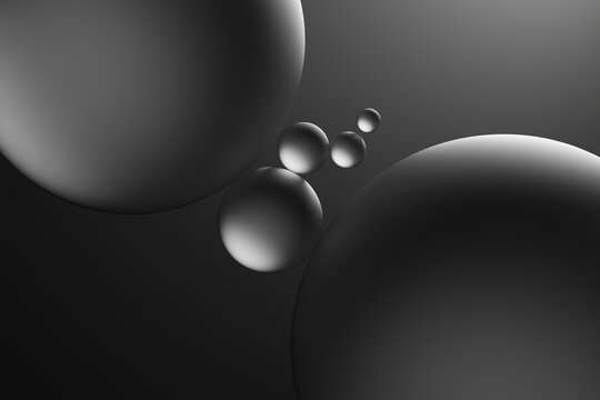 Glass spheres and dramatic lighting over dark grey background, 3D Illustration