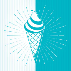Ice Cream Waffle Cone Yin Yang Style Composition Set over Sunburst Rays - Turquoise and White Signs on Opposite Striped Background - Hand Drawn Design