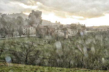 Spain, Province of Guadalajara, Chequilla, Secluded village in heavy rain