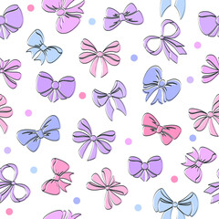 Fototapeta na wymiar Beautiful seamless pattern made of pink, purple, blue ribbon bows on white background. Endless texture for wedding, baby, birthday party. Vector design Modern pattern for surfaces. 