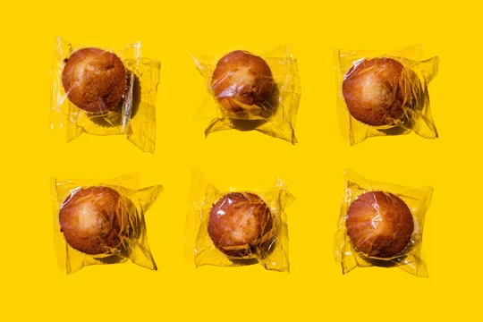 Studio shot of six plastic wrapped muffins