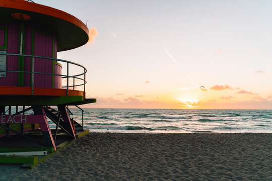 Lifeguard hut at Miami beach against sky during sunrise, Florida, USA