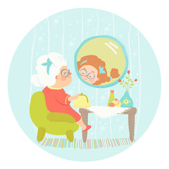 vector icon of a cheerful cute old woman who sits in a chair and looks at her reflection in the mirror and sees a young funny girl. greeting card for mother and grandmother's day