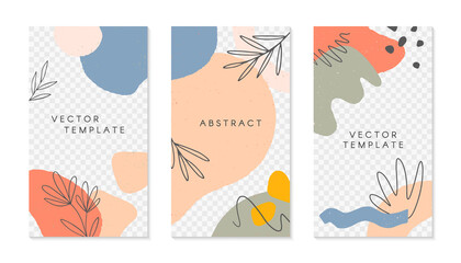 Fototapeta na wymiar Set of editable insta story templates with copy space for text.Modern vector layouts with hand drawn organic shapes and textures.Trendy design for social media marketing,digital post,prints,banners.
