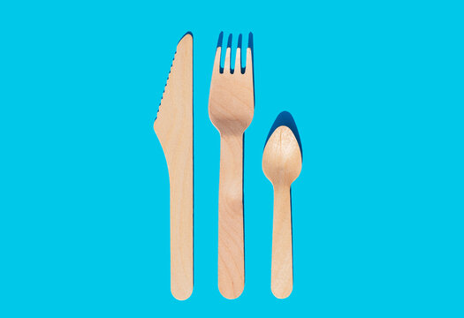 Wooden cutlery, fork, knife and spoon to take away organic and ecological zero waste
