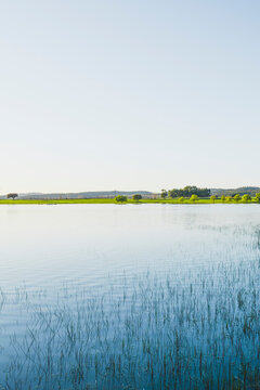 Scenic view of lake against clear sky at Evora, Portugal