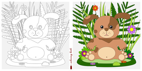 Black-and-white and color images for a color book. Outline drawing with children's themes. A puppy is sitting in a clearing among flowers and ferns. For color books, children's prints, postcards.
