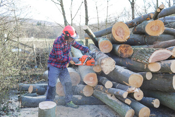 Lumberjack cutting log with chainsaw in forest