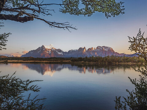 View to mountains of Los Glaciares National Park, Rio Serrano, Chile
