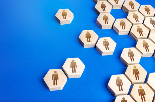 The structure of a society made of hexagons. The process of uniting or disintegrating people into a single group, a social process. Civil society. Cooperation and collaboration. Strength is in unity.